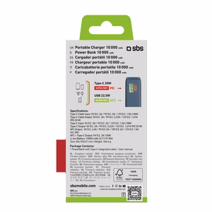 Внешний аккумулятор SBS 10000 mAh 20W со встроенным кабелем USB-C и цифровым дисплеем - тёмно-серый