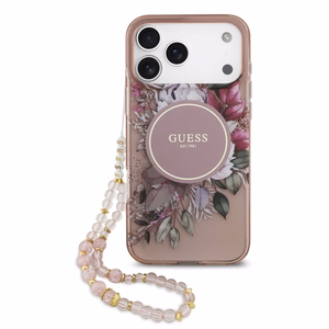 Guess IML Ziedi Pērļu Siksna Magnētiskais viedtālruņa apvalks iPhone 17 Pro Max rozā