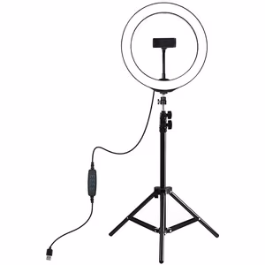 LED gredzena lampa 26 cm ar galda statīvu līdz 1.1m, telefona turētājs, USB