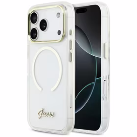 Guess IML Script Metal MagSafe Maciņš for iPhone 17 Pro Max - Clear