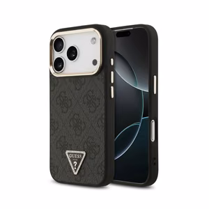 Guess PU Leather 4G Strass Triangle Logo Gold Frame MagSafe vāciņš Apple iPhone 18 Pro Max, melns