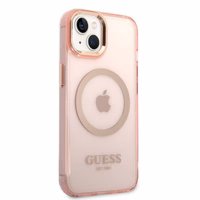 Guess GUHMP14SHTCMP iPhone 14 6.1" rozā cietais viedtālruņa apvalks ar zelta kontūru, caurspīdīgs, magnētiskais (MagSafe)