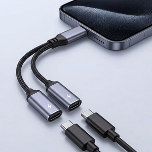 Adapteris AUX 2in1 Type C tēviņš to Type C mātīte / Type C mātīte Blue Star melns [DAC] - max 25W uzlāde