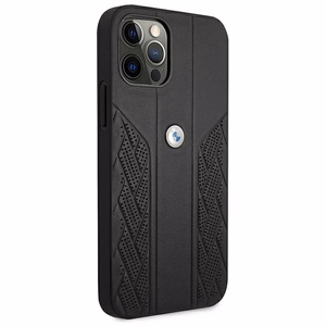 BMW ādas apvalks ar izliektu perforāciju iPhone 12 Pro Max - melns