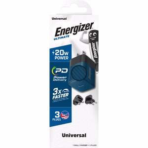Energizer Ultimate A20MUBL GaN ceļojumu sienas lādētājs ar EU / UK / US spraudņiem, USB-C, 20 W PD, zils