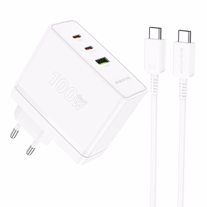 Borofone sienas lādētājs BN11 Imperial - USB + 2xType C - QC 3.0 PD 100W ar Type C uz Type C kabeli balts
