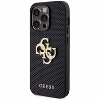 Guess ādas perforēts viedtālruņa apvalks ar spīdīgu logo 4G iPhone 15 Pro Max - melns