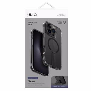 Uniq Eleva viedtālruņa apvalks ar Vertica statīvu iPhone 16 Pro - melns