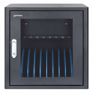 Manhattan Laptop Charging Cabinet Desktop via AC Adapter (EU) 10-bay, Install device's AC Adapter (power cables) into unit, Suitable for ALL laptops (to 16"), iPads, MacBooks, Chromebooks, other portable devices, Bays 380x30x280mm, Cart, Lockable