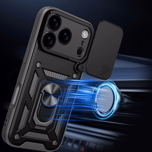 Hibrīda bruņu Camshield viedtālruņa apvalks iPhone 17 Pro ar statīvu un kameras vāciņu - melns