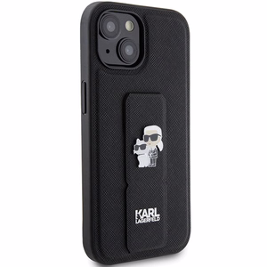 Karl Lagerfeld Gripstand Saffiano Karl&Choupette Pins viedtālruņa apvalks iPhone 15 - melns