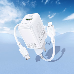 Borofone sienas lādētājs BN27 Fuente - USB + Type C - QC 3.0 PD 20W ar Type C uz Lightning kabeli balts