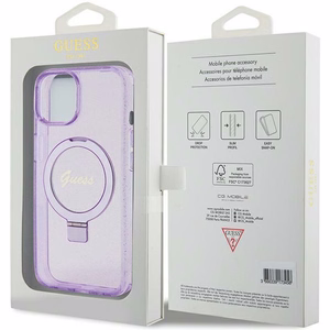 Guess viedtālruņa apvalks ar statīvu Ring Stand Script Glitter magnētiskais iPhone 15 Plus / 14 Plus - violets