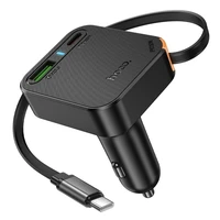 Automobiļa lādētājs Hoco ar ievilkamu kabeli 2 x USB C + USB A QC PD 65W NZ18 melns