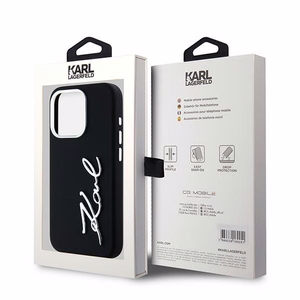 Karl Lagerfeld Silikona Metal Script Logo viedtālruņa apvalks iPhone 15 Pro - melns