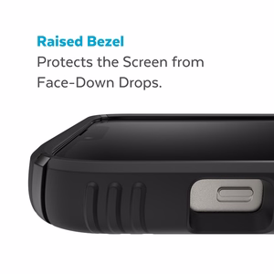 Speck Presidio2 Grip vāciņš ierīcei iPhone 15 Plus / 14 Plus, ar neslīdošu satvērienu, “Black / Black / White” krāsu kombinācija