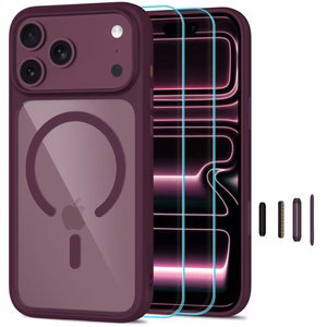 Tech-Protect MagOne CC MagSafe maciņš ar 2 rūdītiem stikliem, paredzēts iPhone 18 Pro Max / 17 Pro Max, caurspīdīgs bordo