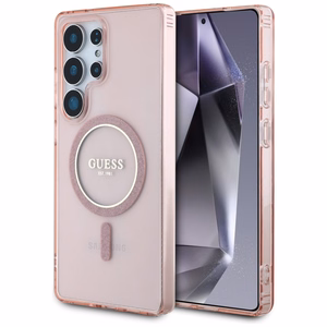 Guess Glitter Circle Classic Logo Magnētiskais viedtālruņa apvalks Samsung Galaxy S25 Ultra rozā