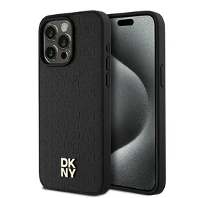 DKNY Ādas monogrammas raksta metāla logotips Magnētiskais viedtālruņa apvalks iPhone 15 Pro Max - melns