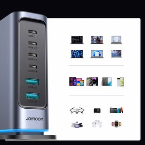 Joyroom JR-TCM02 daudzu pieslēgvietu GaN lādētājs 65W EU 4x USB-C 2x USB-A - tumši pelēks