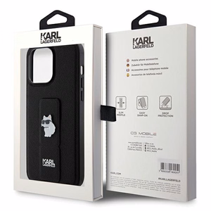 Karl Lagerfeld Gripstand Saffiano Choupette Pins viedtālruņa apvalks iPhone 13 Pro / 13 - melns