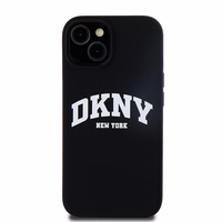 DKNY apvalks no šķidrā silikona MagSafe viedtālrunim iPhone 15 Plus / 14 Plus ar balto logotipu - melns (m)