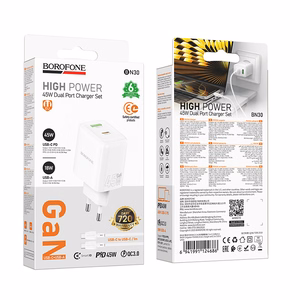 Borofone сетевое зарядное устройство BN30 Cargador GaN - USB + Type C - QC 3.0 PD 45W с кабелем Type C - Type C белый