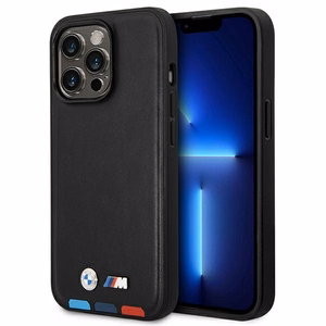 BMW BMHMP14X22PTDK iPhone 14 Pro Max 6.7 - melns ādas vāciņš ar trīskrāsainu zīmējumu MagSafe