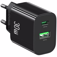 Tīkla lādētājs USAMS CC316 T65 30W 1xUSB-C 1xUSB-A Fast Charging melns