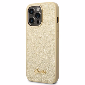 Guess Glitter Script viedtālruņa apvalks iPhone 14 Pro - zelta
