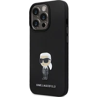 Karl Lagerfeld KLHCP14LSMHKNPK viedtālruņa apvalks iPhone 14 Pro - melns silikona Ikonik metāla piespraude