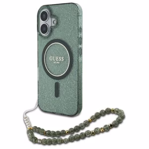 Guess IML Mirdzošs ar pērļu siksniņu Magnētiskais viedtālruņa apvalks iPhone 16 Plus - zaļš