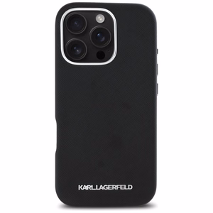 Karl Lagerfeld Saffiano Full Wrapped Elongated Metal Logo MagSafe iPhone 16 Pro Case - Black