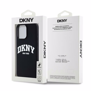 DKNY apvalks no šķidrā silikona MagSafe viedtālrunim iPhone 15 Pro Max ar balto logotipu - melns (m)