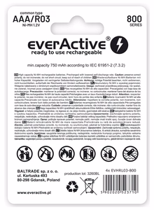 Uzlādējamas baterijas everActive Ni-MH R03 AAA 800 mAh Silver Line
