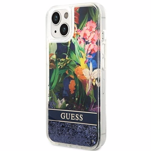 Guess GUHCP14SLFLSB iPhone 14 6.1 "zils cietais apvalks Flower Liquid Glitter