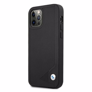BMW ādas apvalks ar iespiešanu iPhone 12 Pro Max - melns