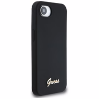 Guess Silicone Script Metal Logo MagSafe viedtālruņa apvalks iPhone 16e - melna