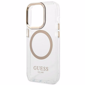 Guess GUHMP14XHTRMD iPhone 14 Pro Max 6.7 "zeltains / zeltains cietais apvalks Metāla kontūra Magnētiskais