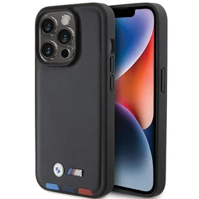 BMW BMHCP15L22PTDK viedtālruņa apvalks iPhone 15 Pro 6.1" melns/melns ādas ar trīskrāsu emblēmu
