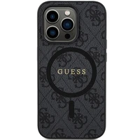 Guess 4G kolekcija ādas metāla logotips Magnētiskais apvalks iPhone 14 Pro Max - melns