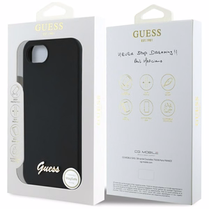 Guess Silicone Script Metal Logo MagSafe viedtālruņa apvalks iPhone 16e - melna