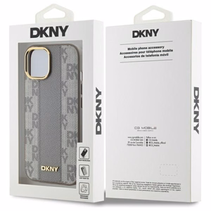 DKNY Ādas rūtainais mono raksts Magnētiskais viedtālruņa apvalks iPhone 15 Plus - bēša