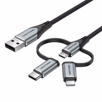 Vention USB 2.0 A Male to 3-in-1 Micro-B&USB-C&Lightning Male Cable 1M pelēks Aluminum Alloy Type