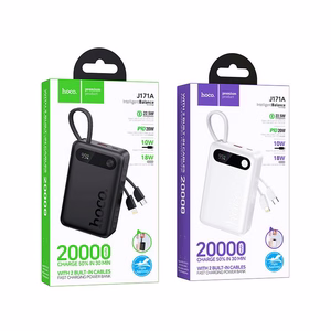 Portatīvais lādētājs Hoco 20000 mAh QC PD 2A 22,5W ar iebūvētiem kabeļiem USB C + Lightning J171A balts