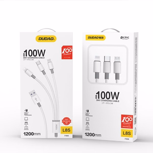 Dudao L8s-3in1 USB-A–USB-C / Micro-USB / Lightning kabelis, 100 W, 1,2 m, balts