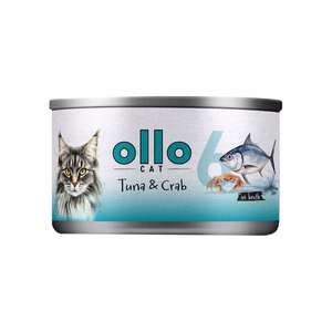 Ollo Cat No. 6 – mitrā kaķu barība ar tunci un krabjiem buljonā, 70 g