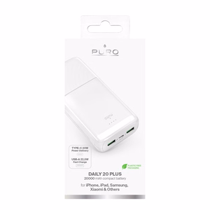 Portatīvais lādētājs Puro DAILY 20 PLUS 20000mAh 2x USB-A / 1x USB-C 22.5W PD AFC - balta