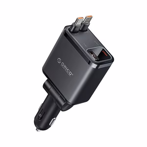 Orico Twin Reach 45W USB-A + USB-C auto lādētājs ar diviem izvelkamiem USB-C kabeļiem - melns