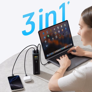 Cuktech PB200U ārējais akumulators 20 000 mAh, 210 W, ar 2 USB-C un USB-A pieslēgvietām, TFT displeju un 240 W USB-C kabeli – melns